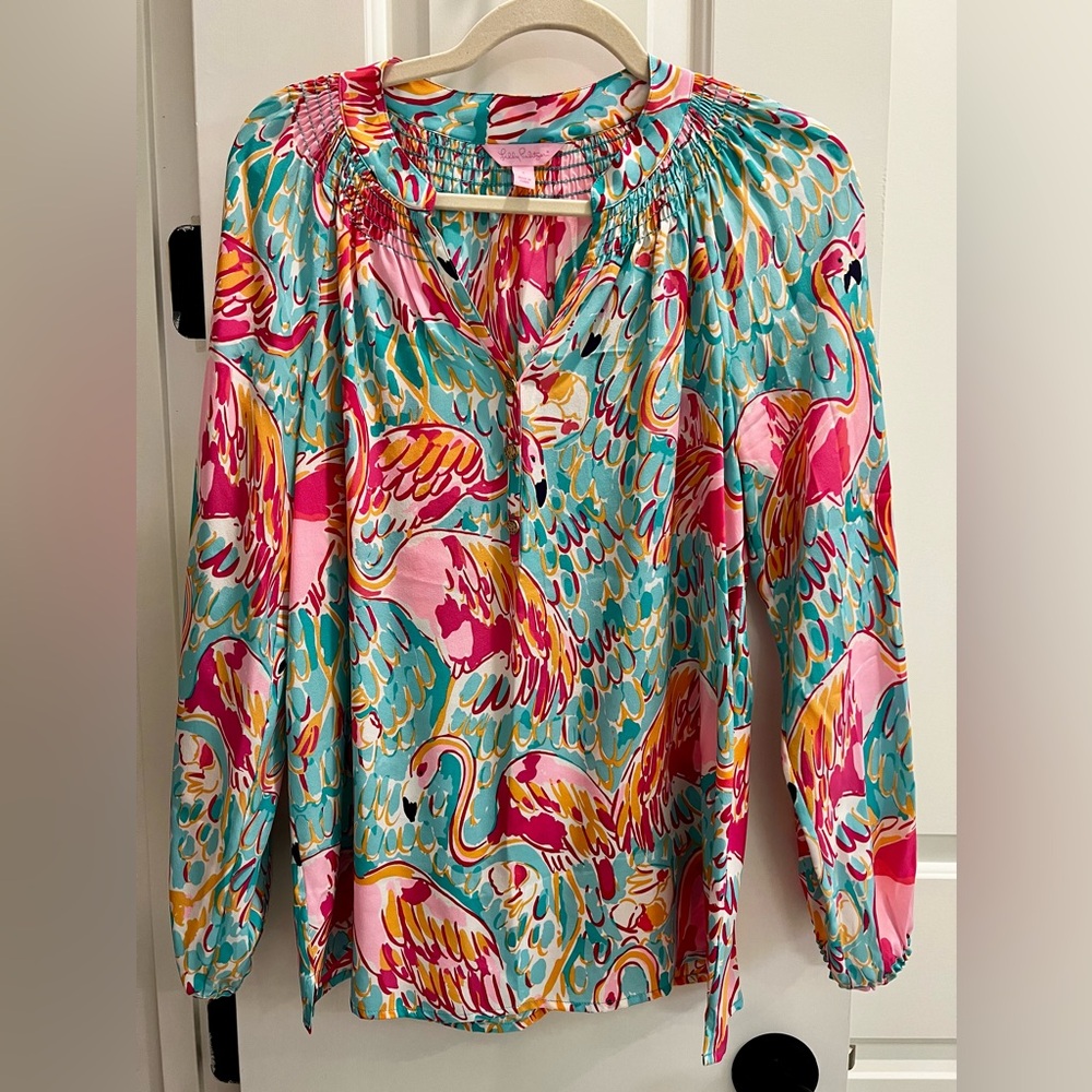 Lilly Pulitzer Elsa Top “Peel and Eat Flamingo” Silk Blouse size Small